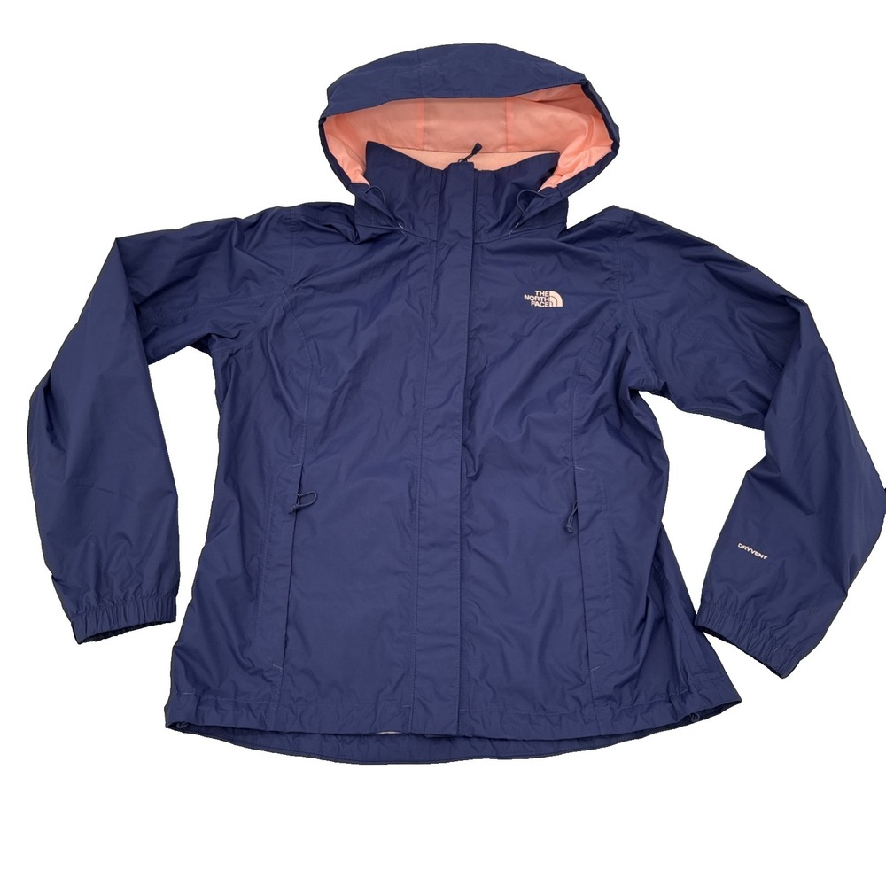 The North Face Dryvent Rain Jacket Women's Large Hooded Navy Blue orange